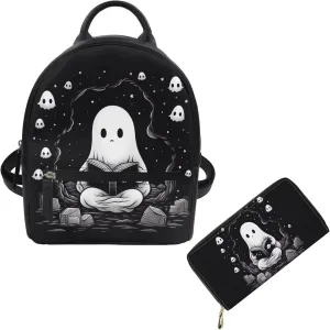 Showudesigns Cute Ghost Backpack Purse for Women Mini Backpacks Leather Shoulder Bags for Travel Work Handbag Waterproof Backpacks Purse and Wallet Set Small Pouch 2 Pack