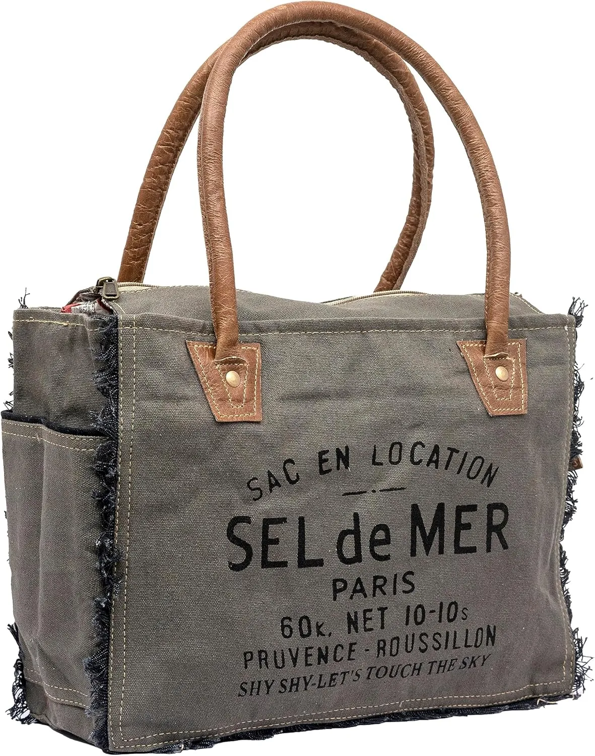 Shy Shy Bags Sel De Mer Canvas & Cowhide Tote Bag - Upcycled Radiant Leather Hand Bag