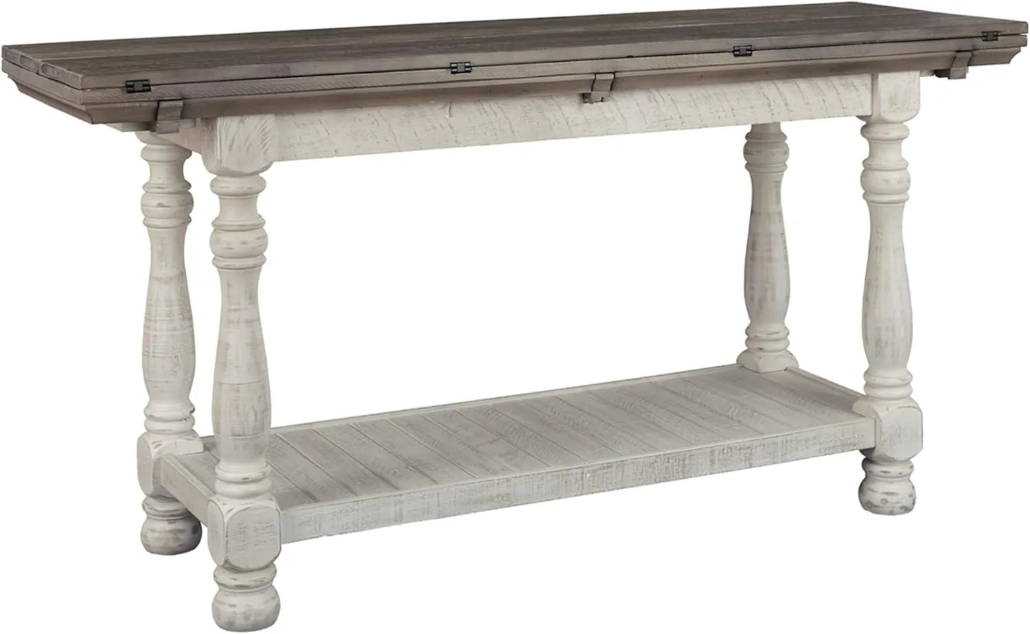 Signature Design by Ashley Havalance Farmhouse Sofa Table, Flip Top Design for Additional Dining Space and Fixed Lower Shelf, Gray & White with Weathered Finish