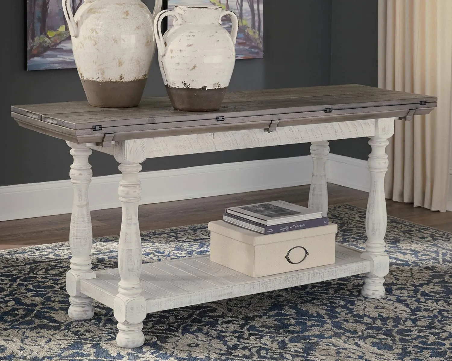 Signature Design by Ashley Havalance Farmhouse Sofa Table, Flip Top Design for Additional Dining Space and Fixed Lower Shelf, Gray & White with Weathered Finish