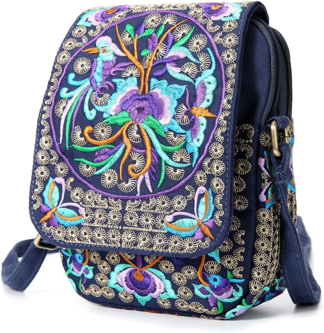 SILKAREA Embroidered Cute Mini Crossbody Bag for Women Small Handbags Wristlet Wallet Bag Cell-phone Pouch Coin Purse