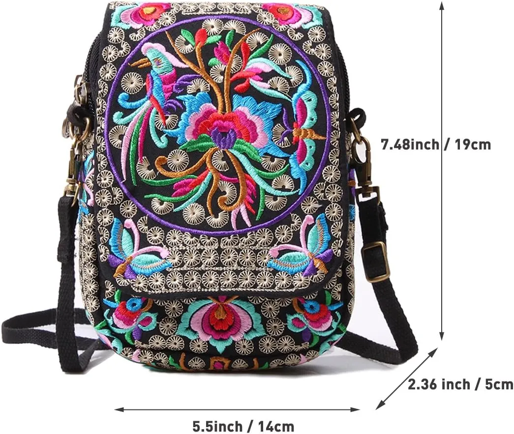 SILKAREA Embroidered Cute Mini Crossbody Bag for Women Small Handbags Wristlet Wallet Bag Cell-phone Pouch Coin Purse