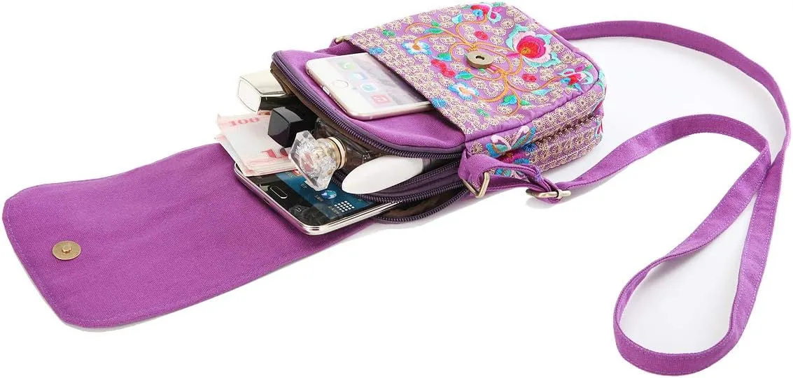 SILKAREA Embroidered Cute Mini Crossbody Bag for Women Small Handbags Wristlet Wallet Bag Cell-phone Pouch Coin Purse