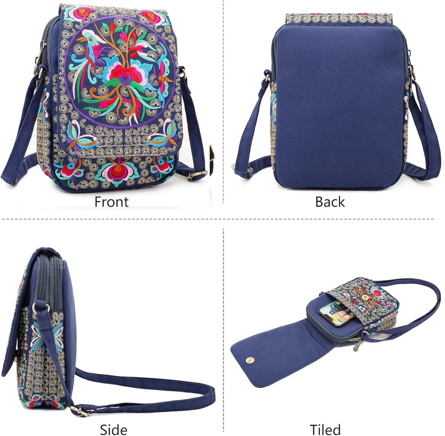 SILKAREA Embroidered Cute Mini Crossbody Bag for Women Small Handbags Wristlet Wallet Bag Cell-phone Pouch Coin Purse