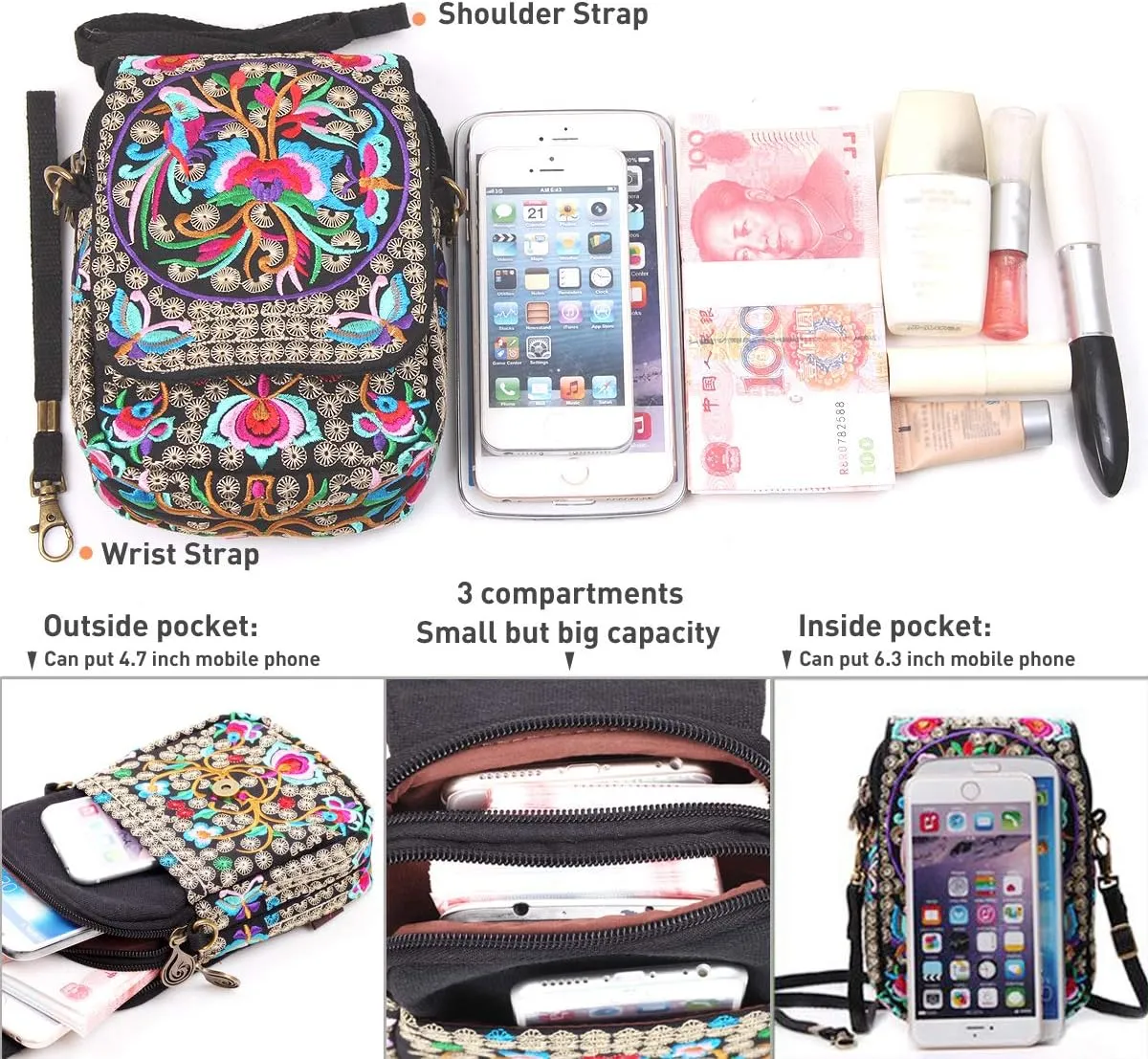 SILKAREA Embroidered Cute Mini Crossbody Bag for Women Small Handbags Wristlet Wallet Bag Cell-phone Pouch Coin Purse