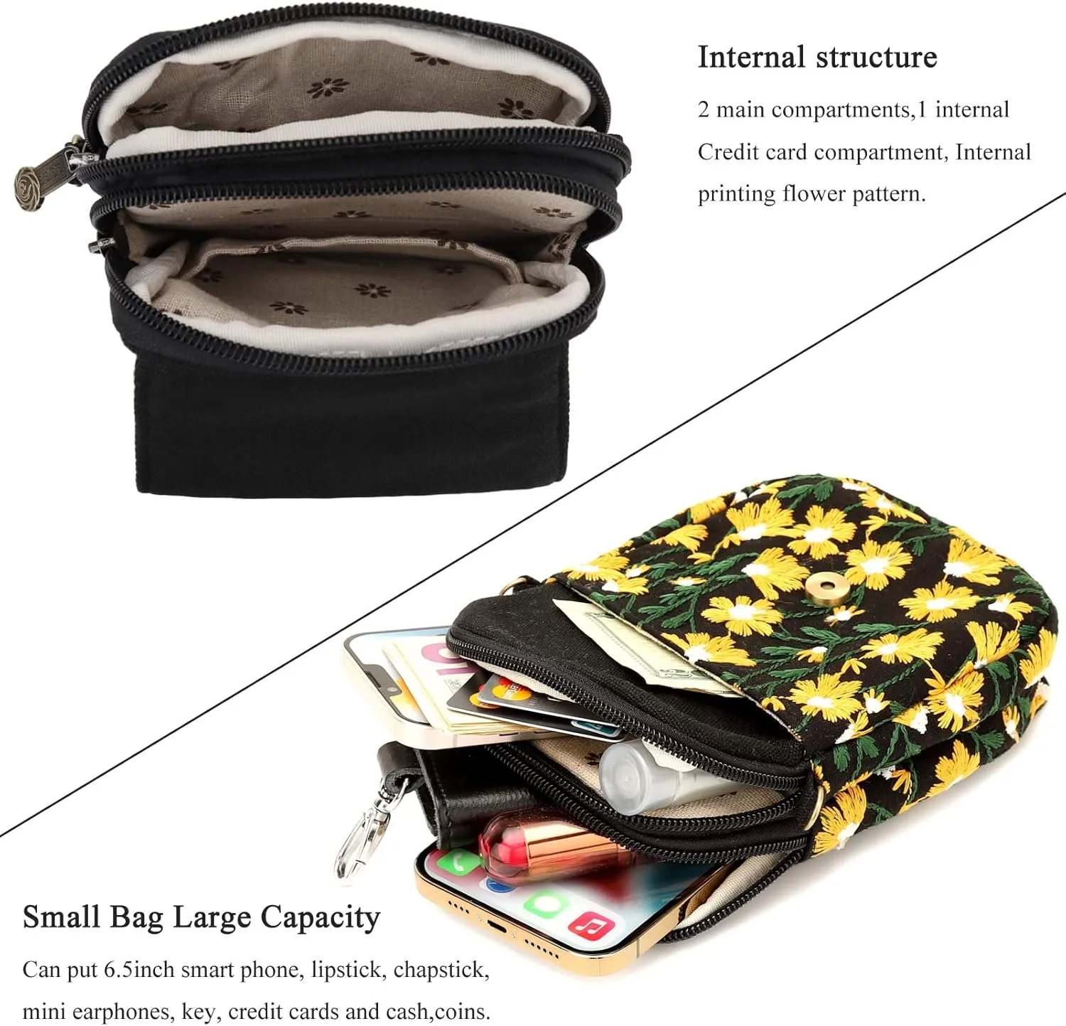 SILKAREA Embroidered Cute Mini Crossbody Bag for Women Small Handbags Wristlet Wallet Bag Cell-phone Pouch Coin Purse
