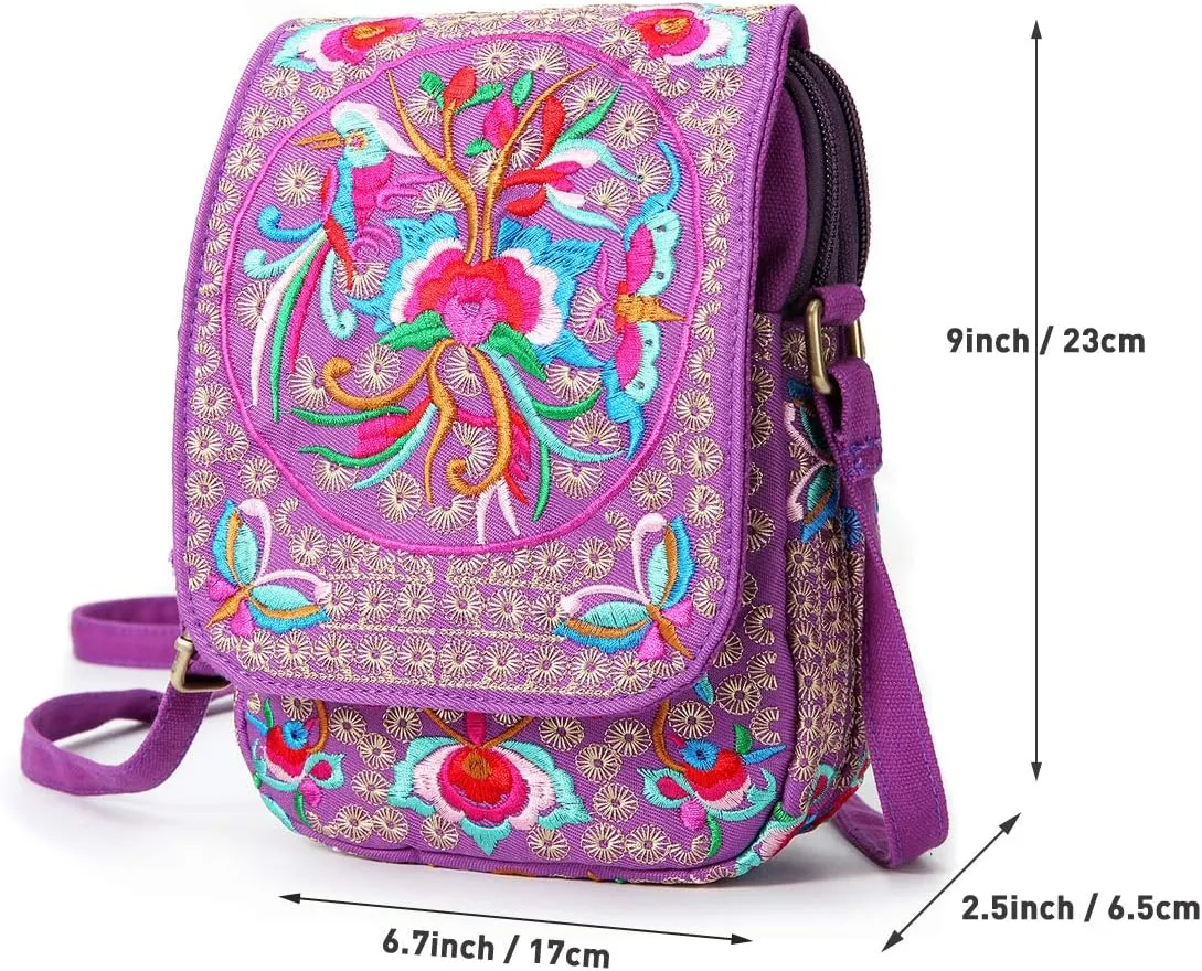 SILKAREA Embroidered Cute Mini Crossbody Bag for Women Small Handbags Wristlet Wallet Bag Cell-phone Pouch Coin Purse