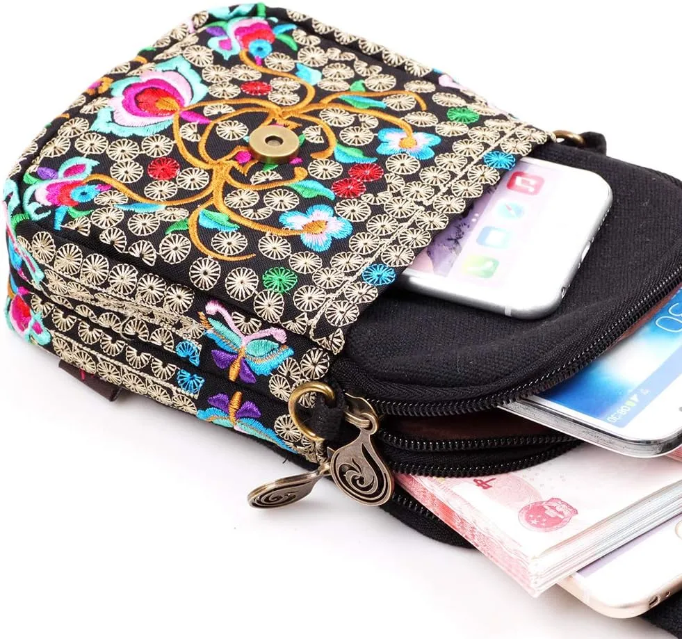 SILKAREA Embroidered Cute Mini Crossbody Bag for Women Small Handbags Wristlet Wallet Bag Cell-phone Pouch Coin Purse