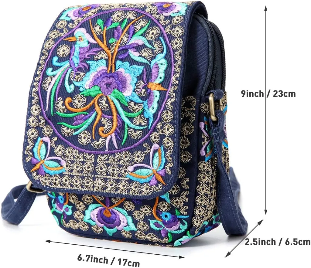 SILKAREA Embroidered Cute Mini Crossbody Bag for Women Small Handbags Wristlet Wallet Bag Cell-phone Pouch Coin Purse