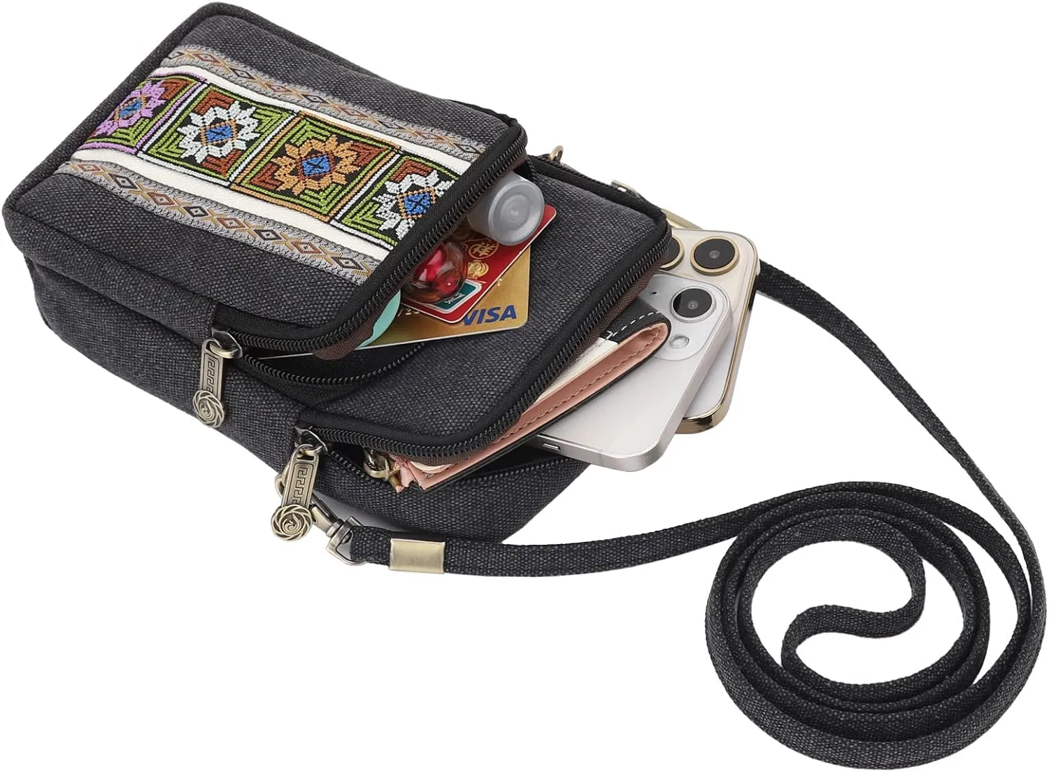 SILKAREA Women Canvas Cell Phone Purse Crossbody Bag Embroidered Small Shoulder Bags Handbags Credit Card Wallet Pouch