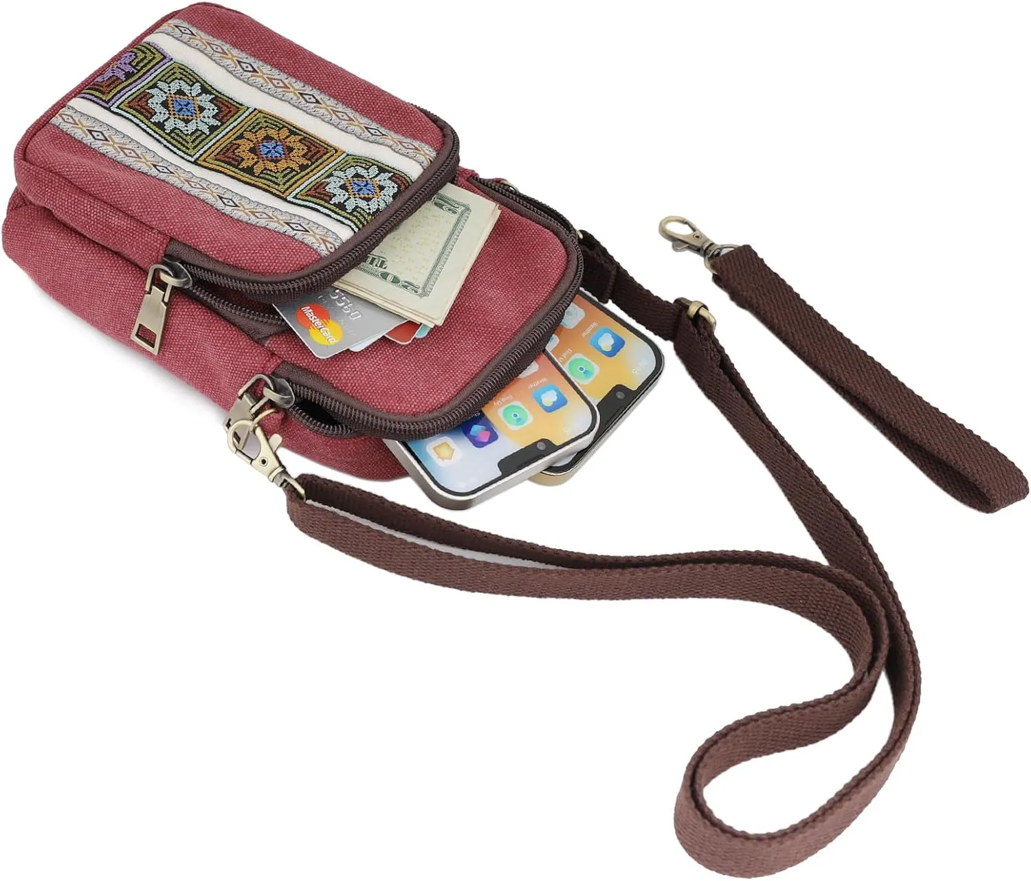 SILKAREA Women Canvas Cell Phone Purse Crossbody Bag Embroidered Small Shoulder Bags Handbags Credit Card Wallet Pouch