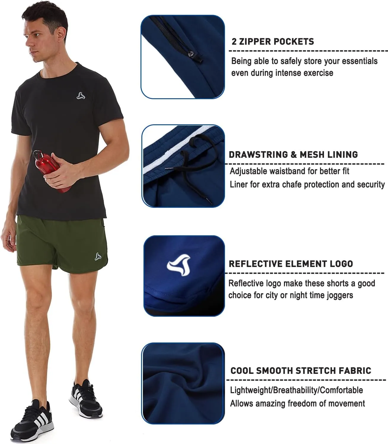 SILKWORLD Men's Running Stretch Quick Dry Shorts with Zipper Pockets(Pack of 2,3)