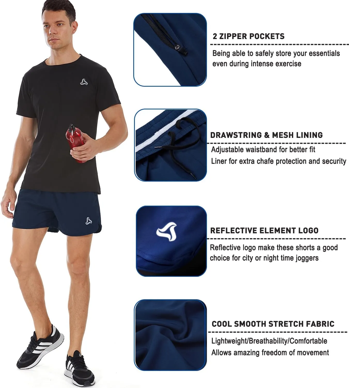 SILKWORLD Men's Running Stretch Quick Dry Shorts with Zipper Pockets(Pack of 2,3)