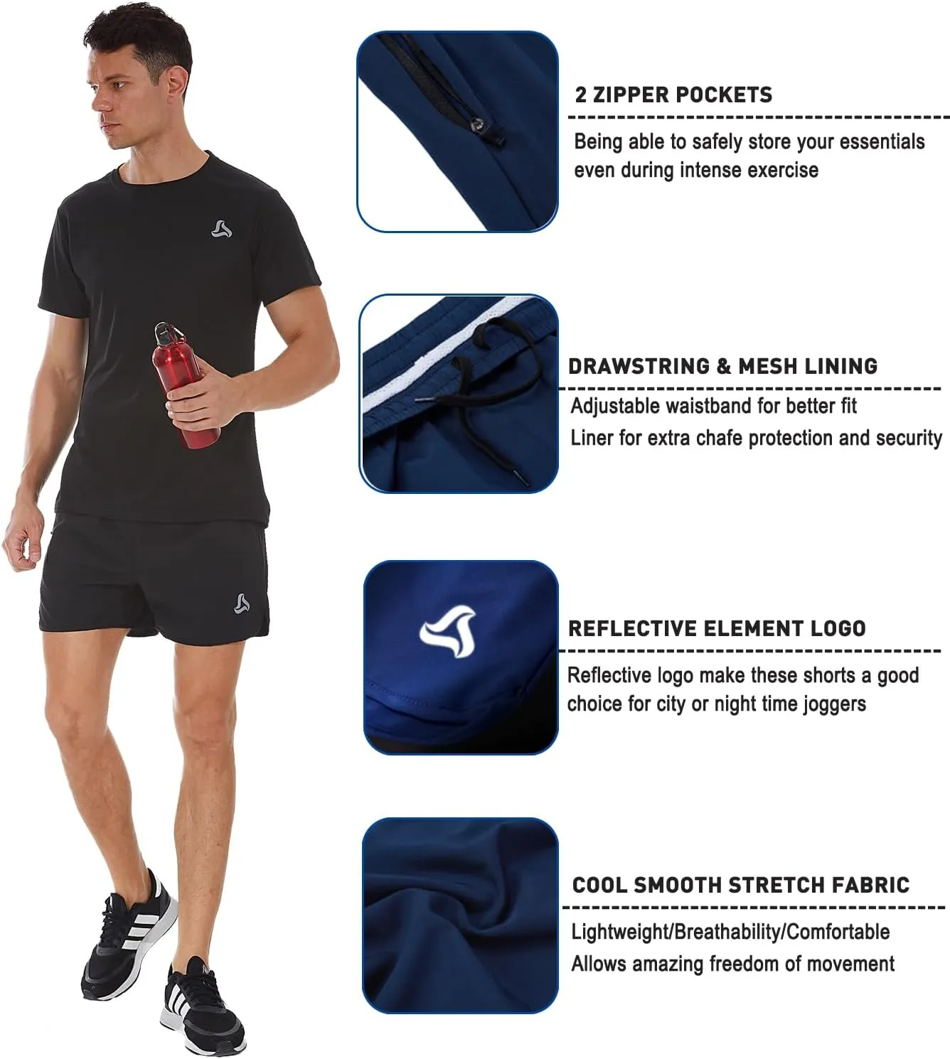 SILKWORLD Men's Running Stretch Quick Dry Shorts with Zipper Pockets(Pack of 2,3)
