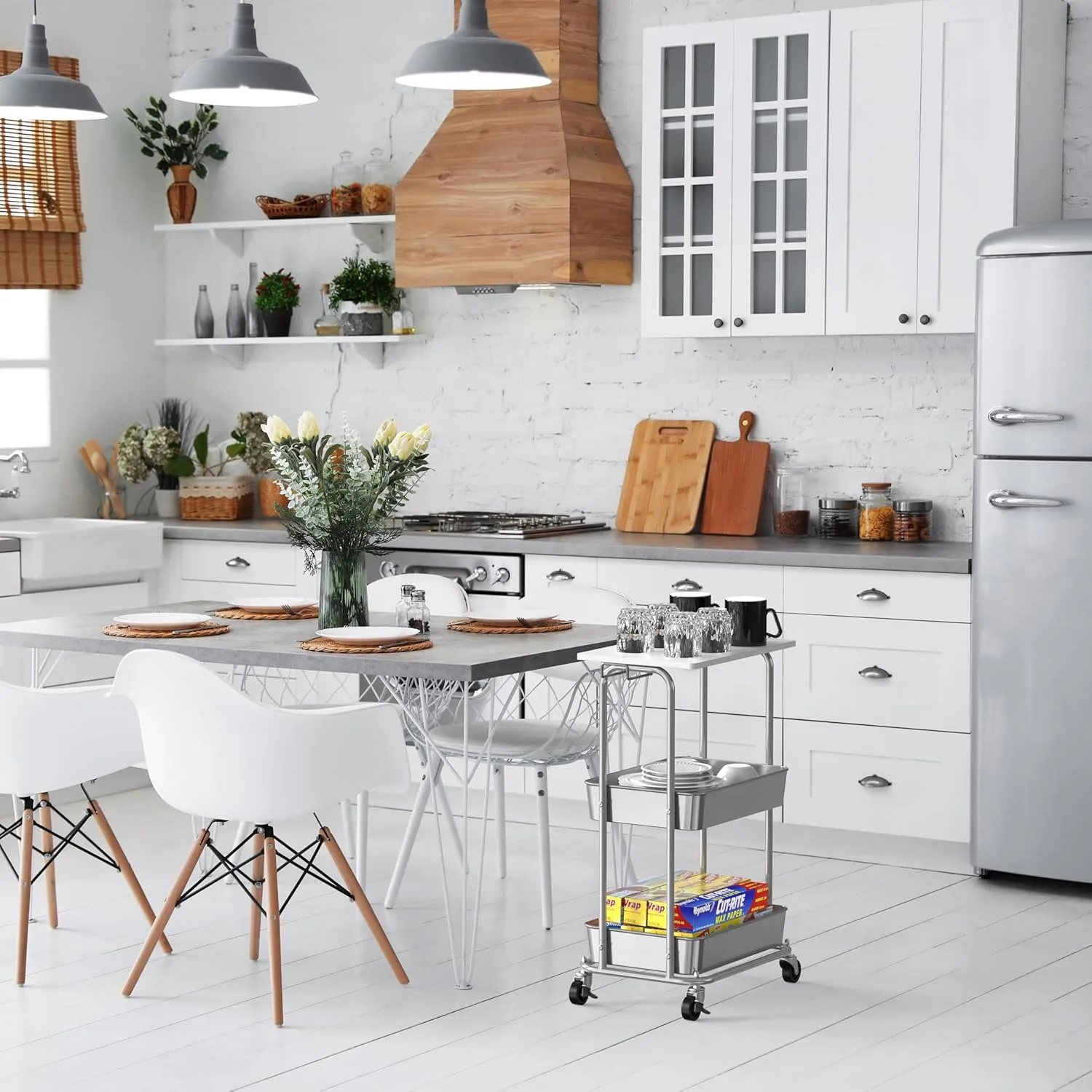 Simple Houseware 2-Tier Rolling Utility Cart with Top Board, White