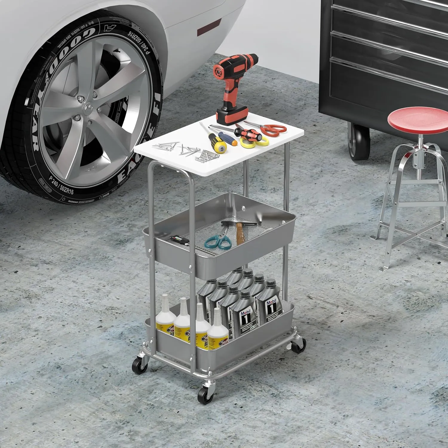 Simple Houseware 2-Tier Rolling Utility Cart with Top Board, White