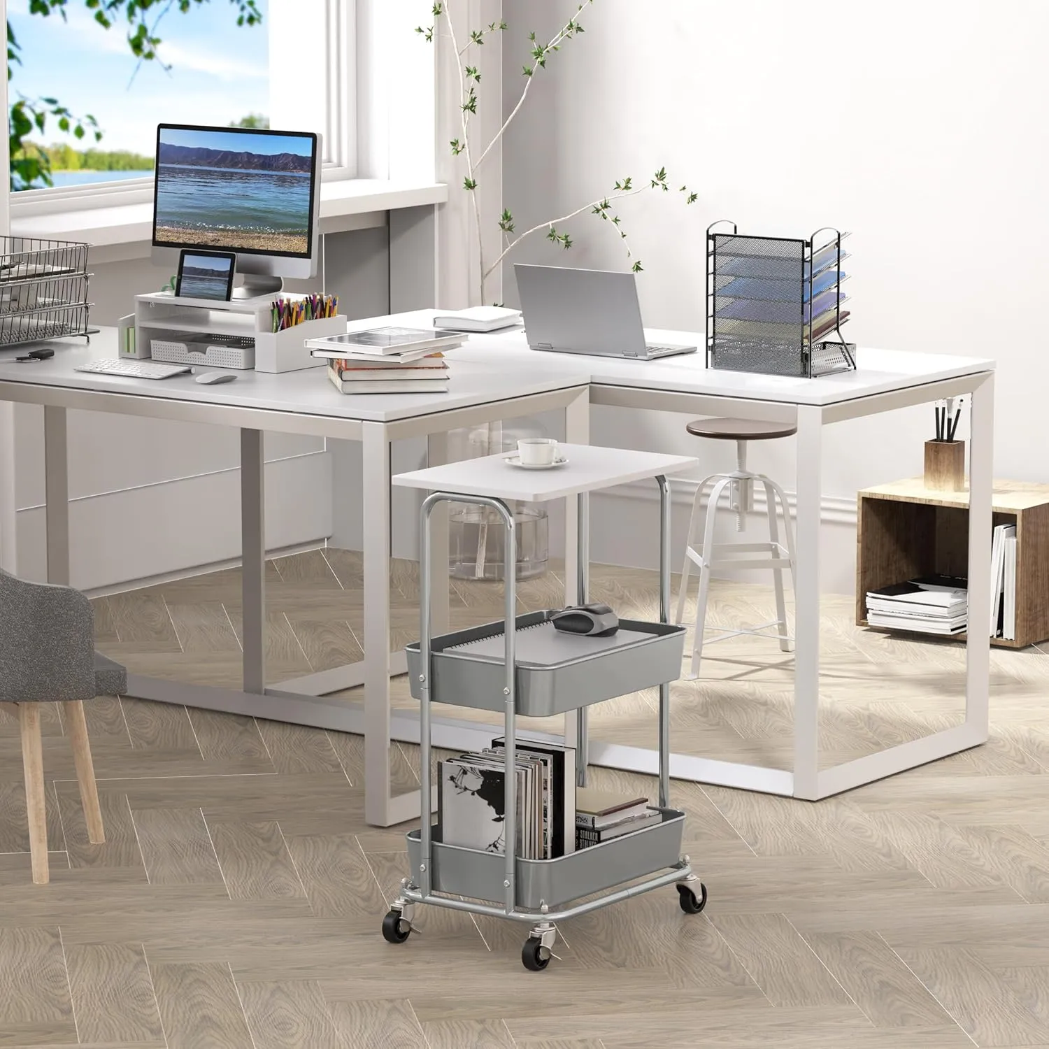 Simple Houseware 2-Tier Rolling Utility Cart with Top Board, White