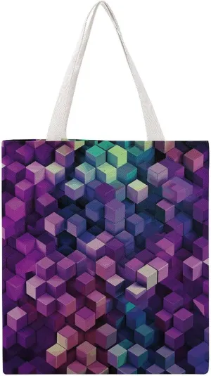 Single Canvas Shopping Bag,Abstract Color Cubes Purple Print Cotton Tote Bag,practical Large Capacity Tote Bag,ladies Tote Bag