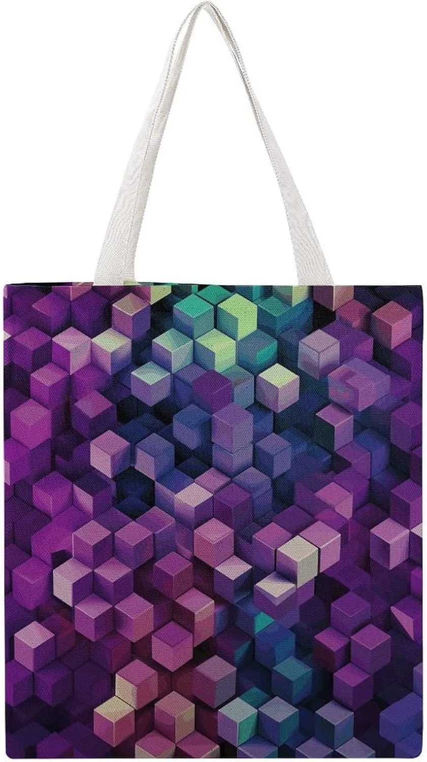 Single Canvas Shopping Bag,Abstract Color Cubes Purple Print Cotton Tote Bag,practical Large Capacity Tote Bag,ladies Tote Bag