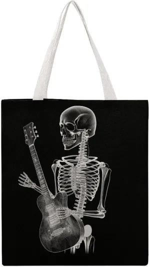 Single Canvas Shopping Bag,Skull Skeleton Playing Guitar Print Cotton Tote Bag,practical Large Capacity Tote Bag,ladies Tote Bag