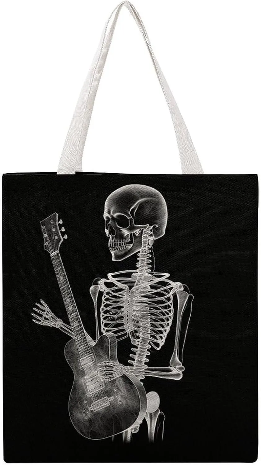 Single Canvas Shopping Bag,Skull Skeleton Playing Guitar Print Cotton Tote Bag,practical Large Capacity Tote Bag,ladies Tote Bag