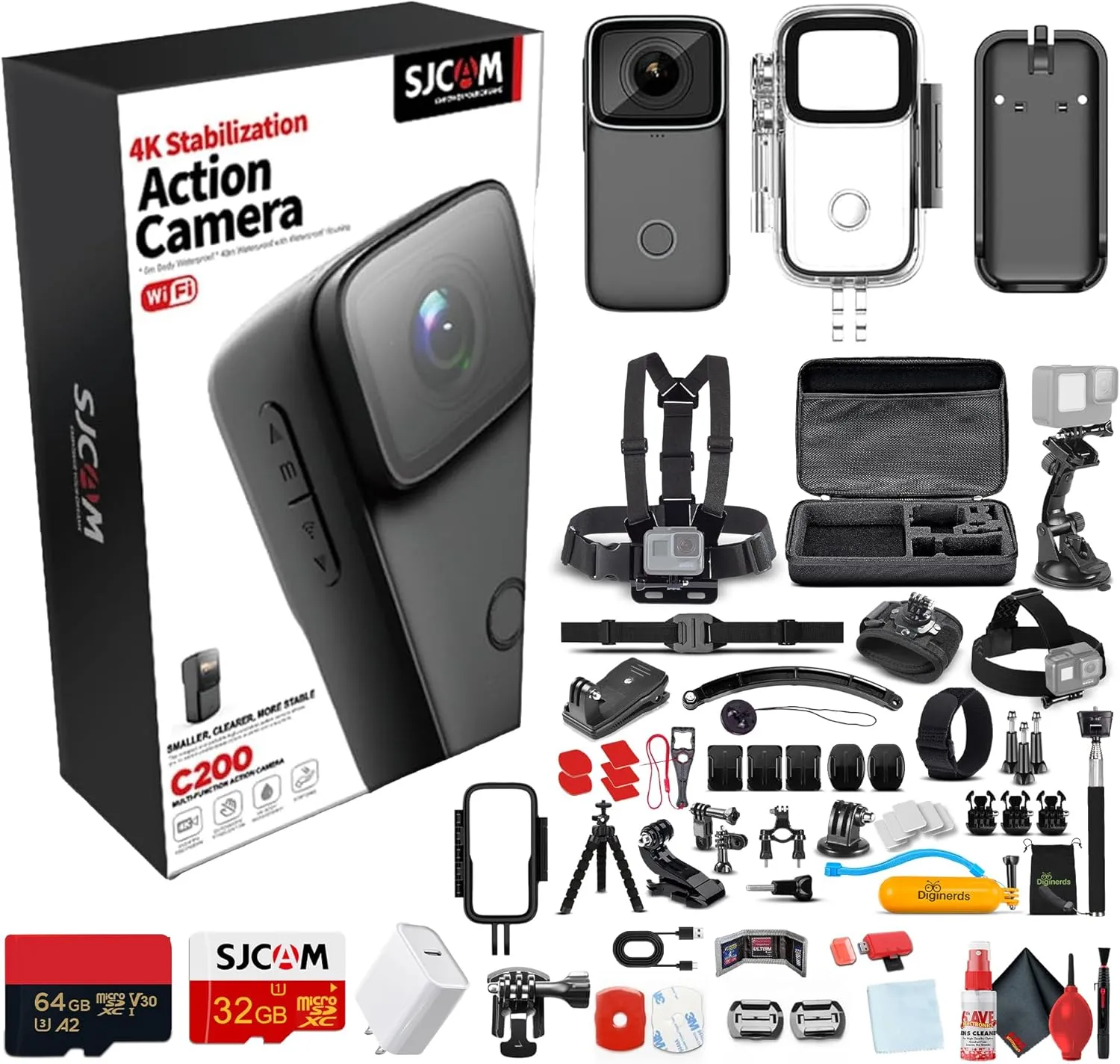 SJCAM C200 4K Mini Action Camera | Compact Waterproof Sports Cam with Image Stabilization & Wearable Vlogging Design (C200B)   50-in-1 Action Accessory Kit   64GB Card   USB-C Adapter   More