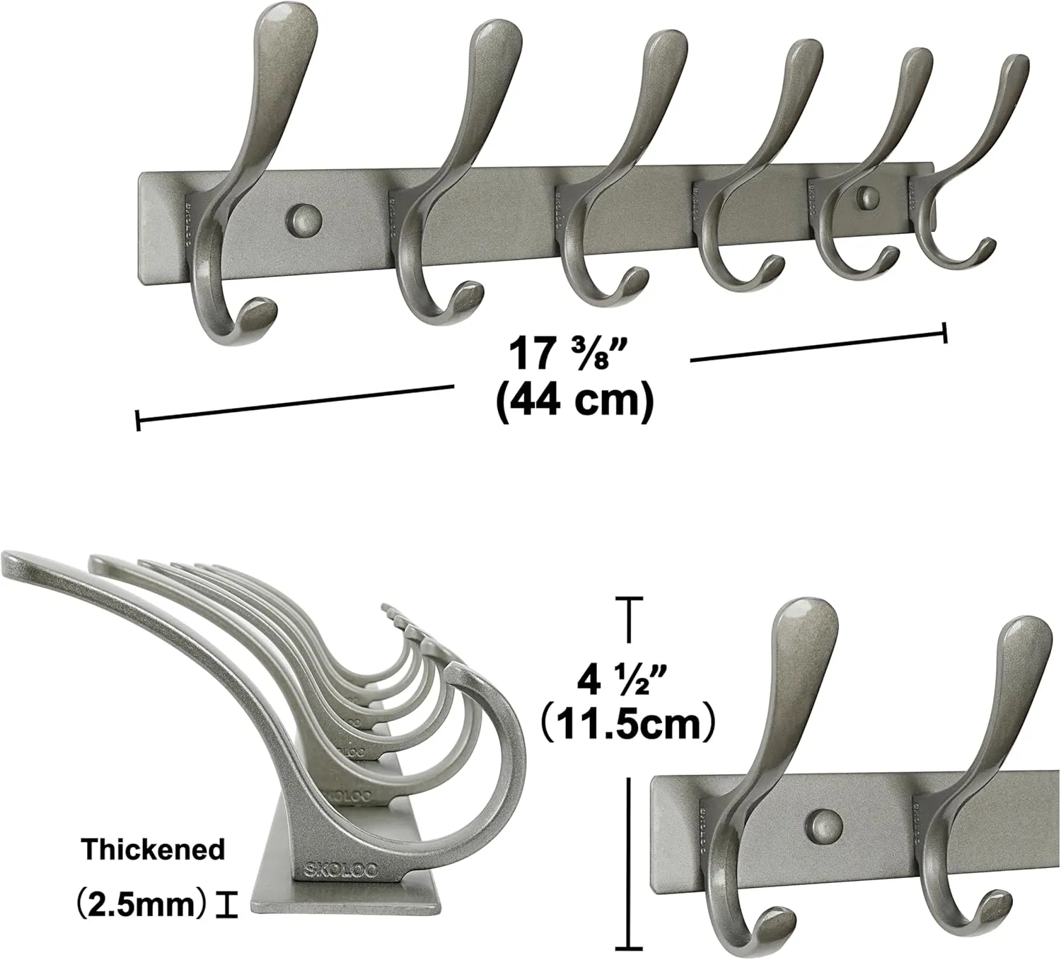 SKOLOO Coat Rack Wall Mounted - 6 Hooks, Pack of 2, Heavy Duty, Stainless Steel, Metal Wall Hanger, Sturdy Coat Hooks for Hanging Coats, Jacket, Clothes, Hat, Matte Grey