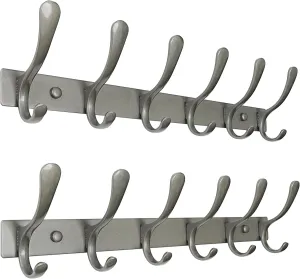 SKOLOO Coat Rack Wall Mounted - 6 Hooks, Pack of 2, Heavy Duty, Stainless Steel, Metal Wall Hanger, Sturdy Coat Hooks for Hanging Coats, Jacket, Clothes, Hat, Matte Grey