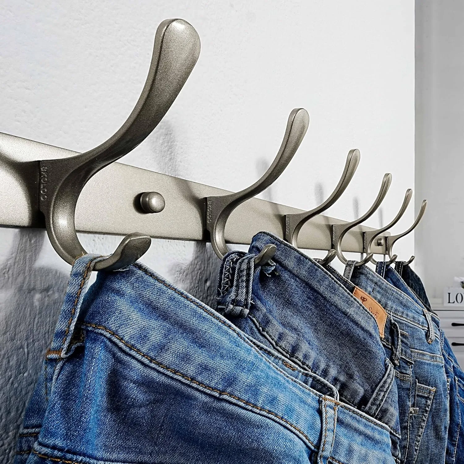 SKOLOO Coat Rack Wall Mounted - 6 Hooks, Pack of 2, Heavy Duty, Stainless Steel, Metal Wall Hanger, Sturdy Coat Hooks for Hanging Coats, Jacket, Clothes, Hat, Matte Grey