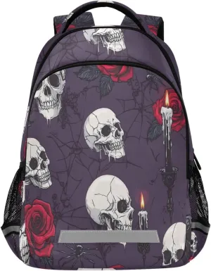 Skull Rose Spider Candle Halloween Backpack for Girls Boys School Book Bag Kids Campus Daypack Lightweight Travel Back Pack