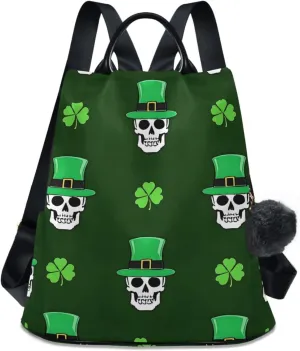 Skulls Head Green Clovers Backpack for Women Anti Theft Large Fashion Travel Shoulder Bag Purse Rucksack Lightweight