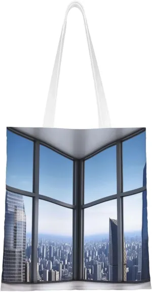 Skyscraper Buildings Print Canvas Tote Bags Lightweight Shoulder Bag Reusable Grocery Shopping Bag Handbags for Women Men