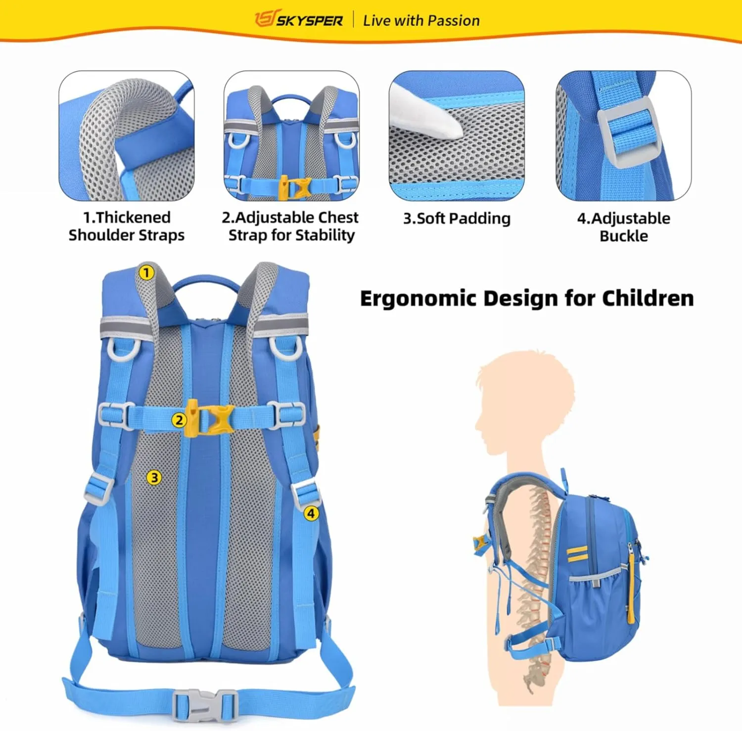 SKYSPER Kids Backpack 18L Children School Bag Child Boy Girl Pack Ages 4-8 for Traveling Day Trips Classes(Blue)