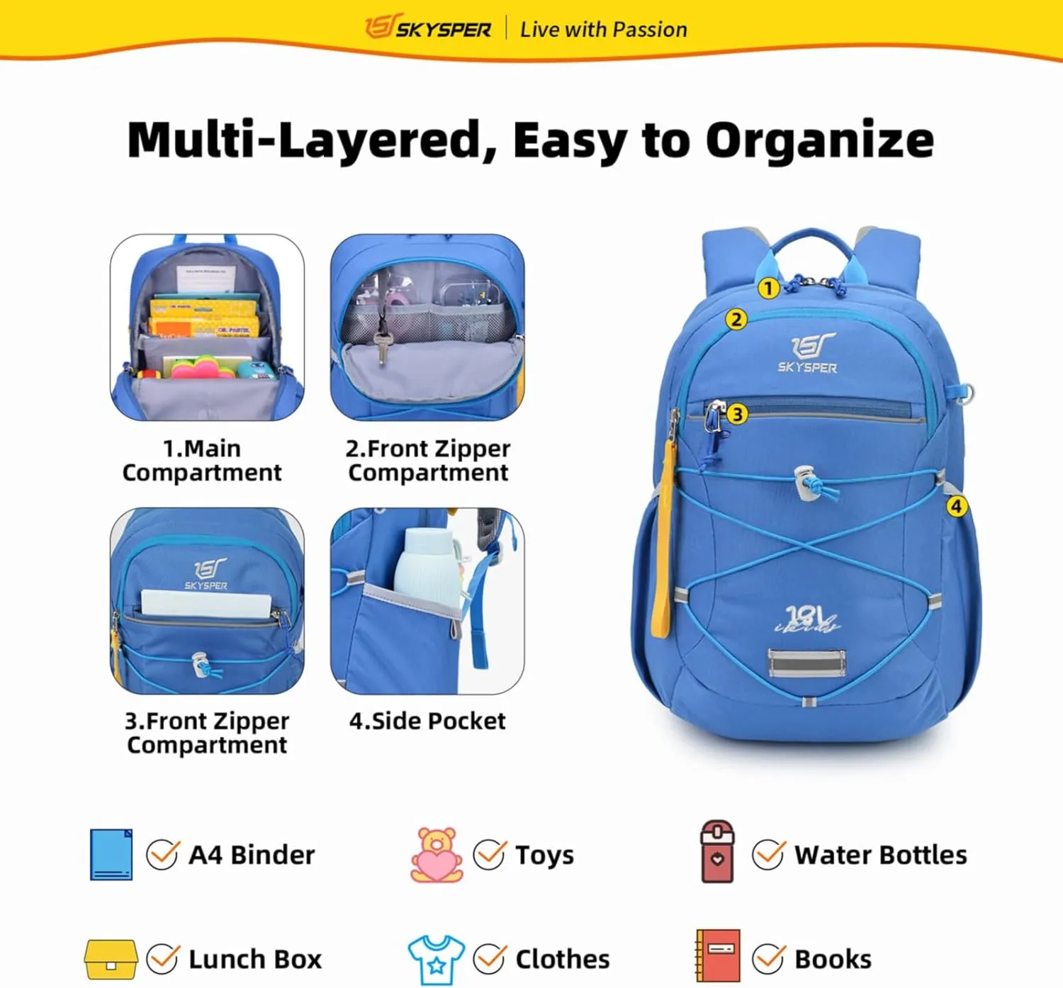 SKYSPER Kids Backpack 18L Children School Bag Child Boy Girl Pack Ages 4-8 for Traveling Day Trips Classes(Blue)