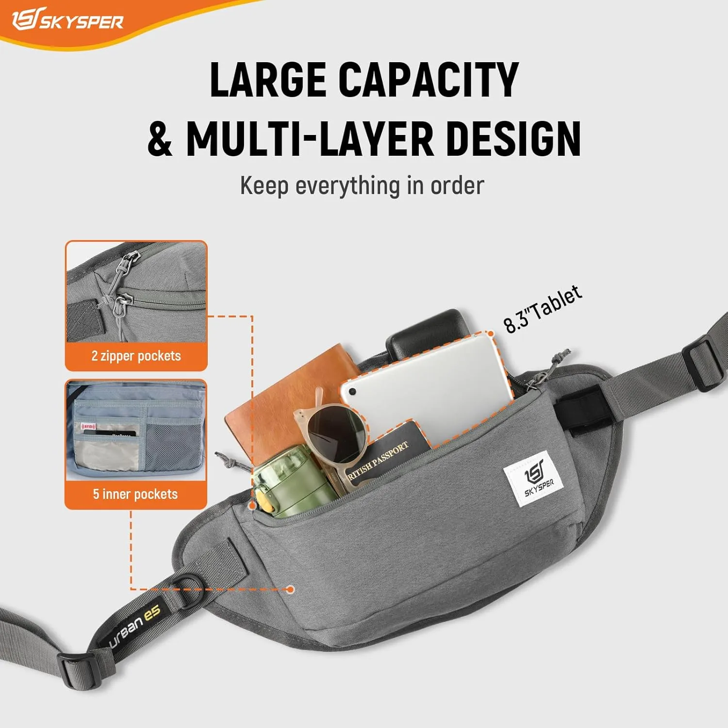 SKYSPER Sling Bag for Men, Anti Theft Crossbody Bag RFID Sling Backpack Mens Fanny Pack for Hiking Travel Gym Daily Use