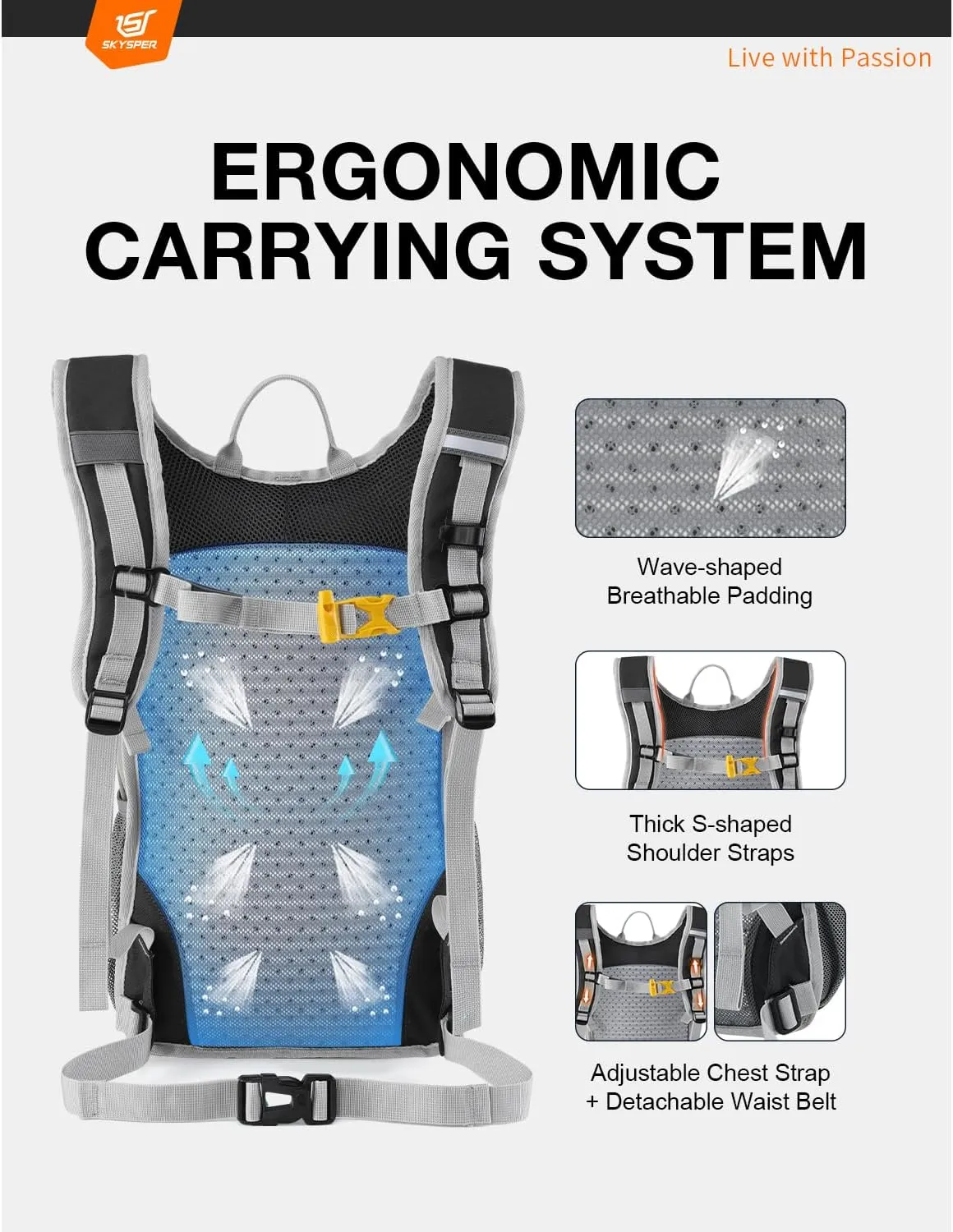 SKYSPER Small Hiking Backpack 15L Lightweight Travel Daypack for Camping Travelling Breathable Walking Daybag for Women Men