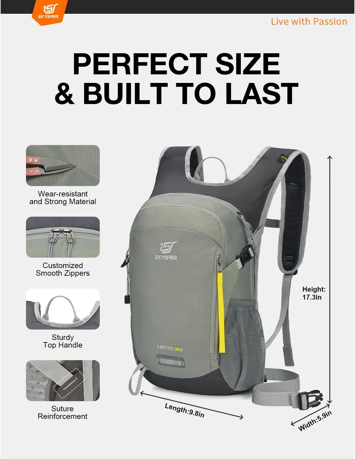 SKYSPER Small Hiking Backpack 15L Lightweight Travel Daypack for Camping Travelling Breathable Walking Daybag for Women Men
