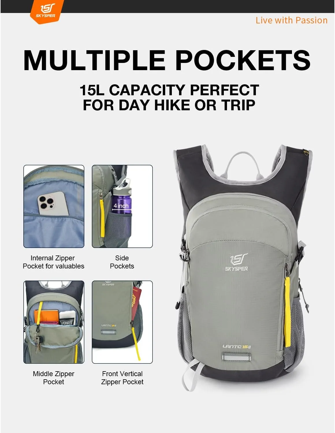 SKYSPER Small Hiking Backpack 15L Lightweight Travel Daypack for Camping Travelling Breathable Walking Daybag for Women Men