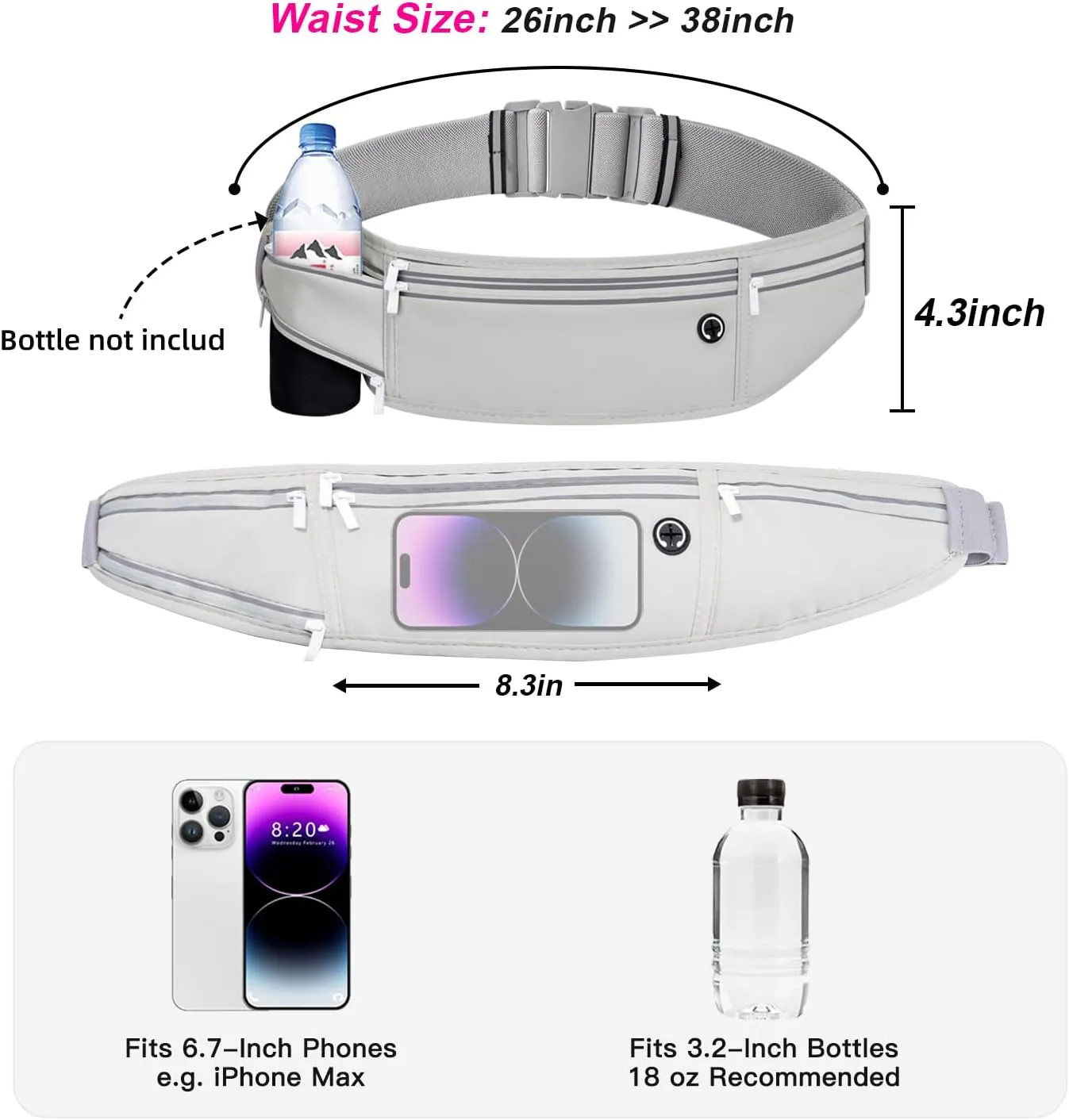 Slim Running Belt for Women Men,Runners Fanny Pack Phone Holder,Money Belt,Running Gear Accessories,with 3 Pockets (Gray)