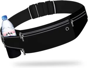 Slim Running Belt for Women Men,Runners Fanny Pack Phone Holder,Money Belt,Running Gear Accessories,with 3 Pockets (Jet Black)