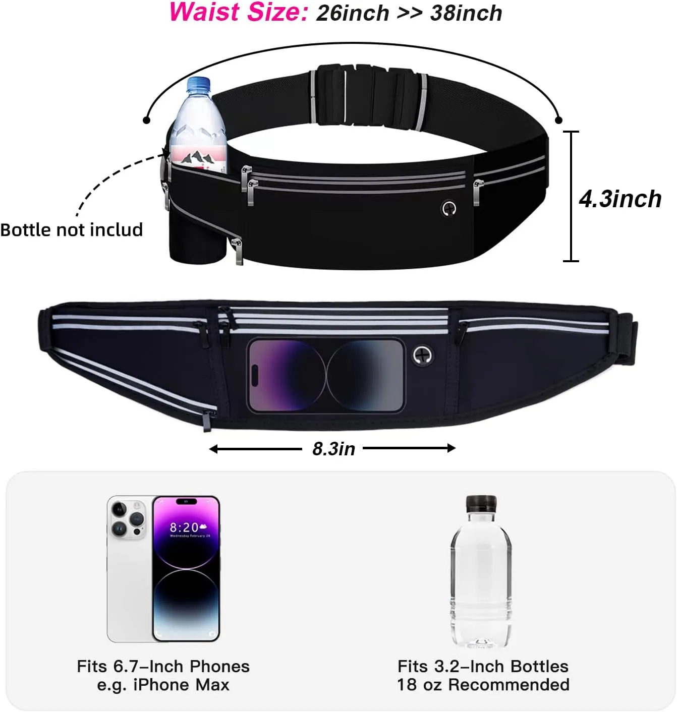 Slim Running Belt for Women Men,Runners Fanny Pack Phone Holder,Money Belt,Running Gear Accessories,with 3 Pockets (Jet Black)