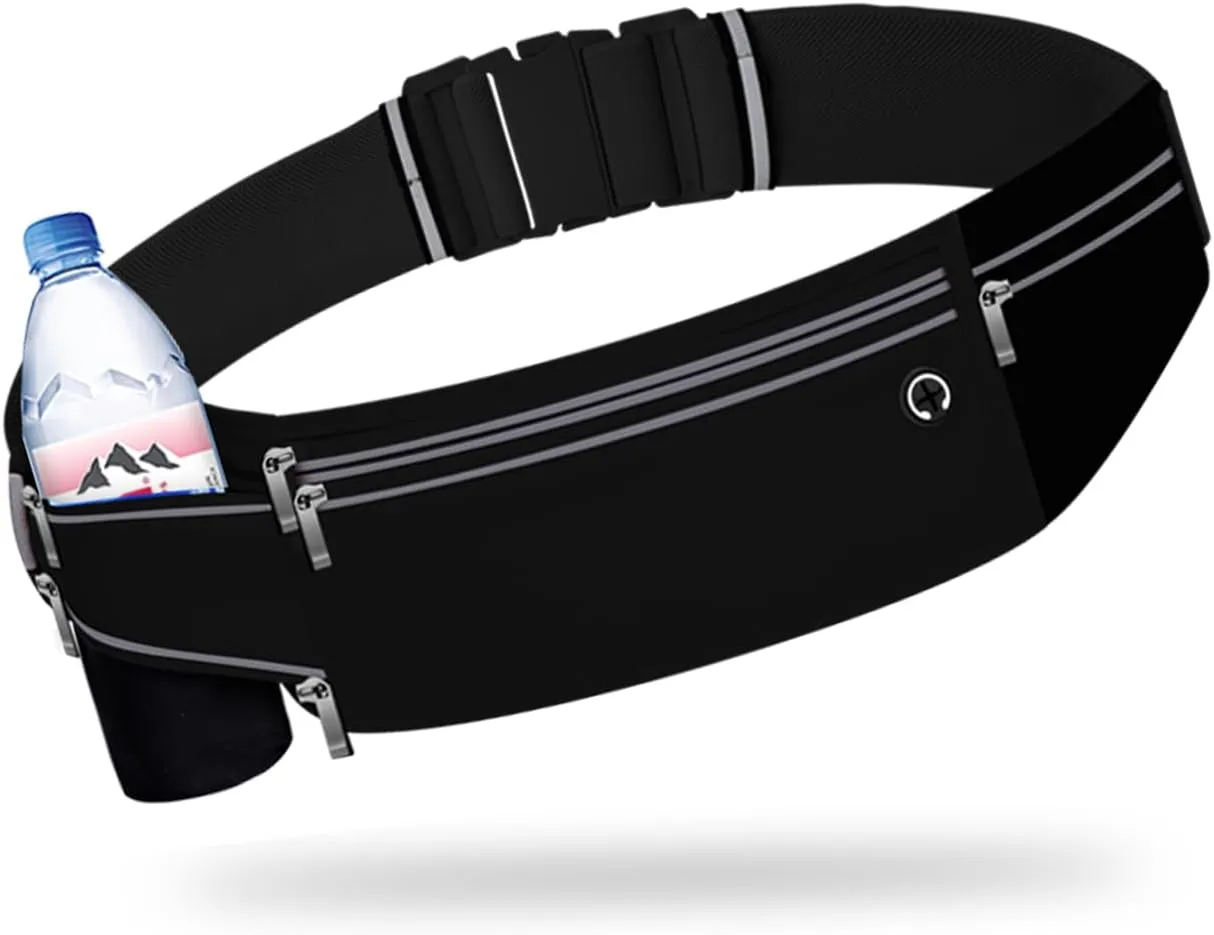 Slim Running Belt for Women Men,Runners Fanny Pack Phone Holder,Money Belt,Running Gear Accessories,with 3 Pockets (Jet Black)