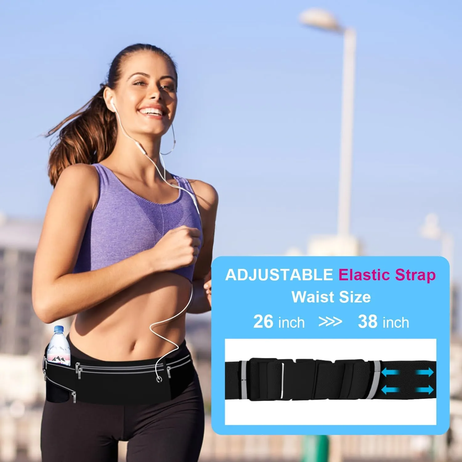 Slim Running Belt for Women Men,Runners Fanny Pack Phone Holder,Money Belt,Running Gear Accessories,with 3 Pockets (Jet Black)
