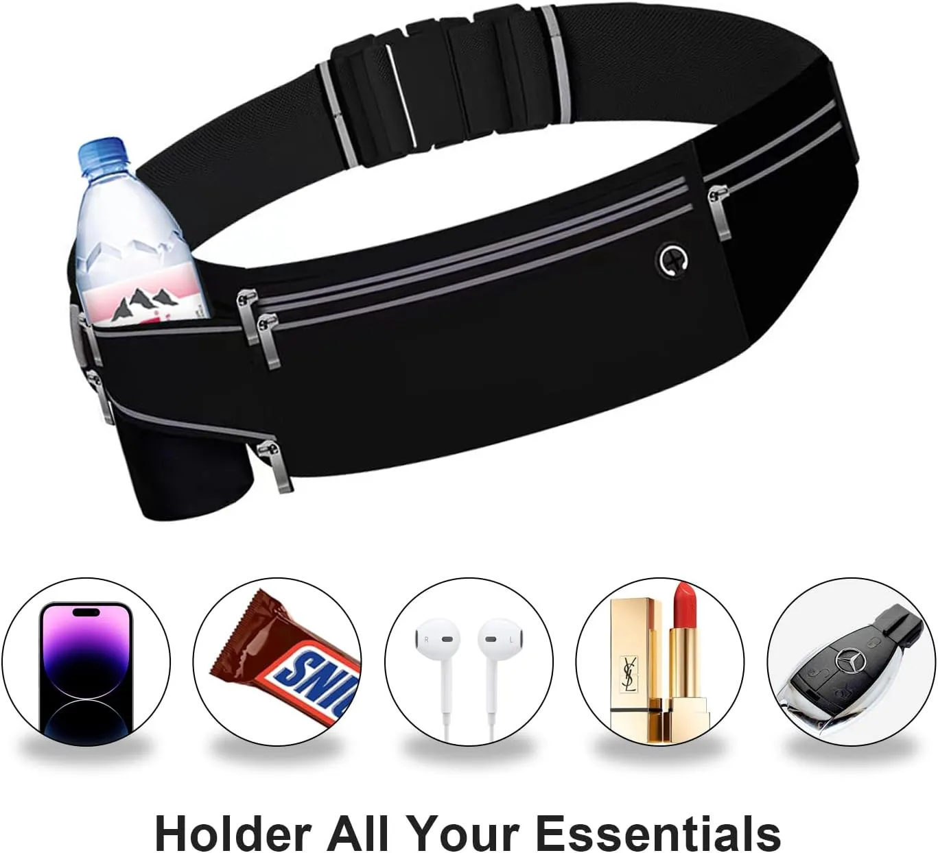 Slim Running Belt for Women Men,Runners Fanny Pack Phone Holder,Money Belt,Running Gear Accessories,with 3 Pockets (Jet Black)