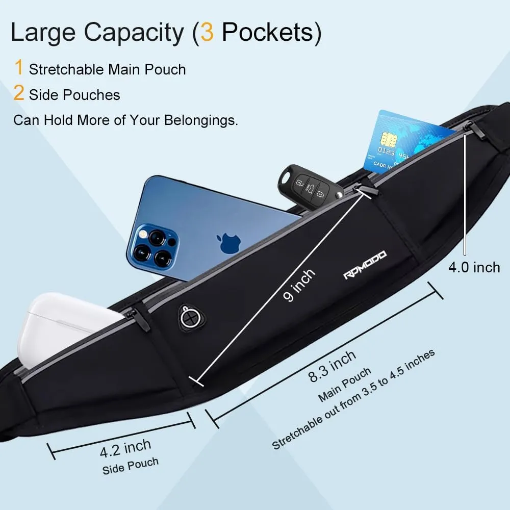 Slim Running Belt，Water Resistant Fanny Pack for Women Men，3 Pocket Phone Holder for Running Walking Cycling，Adjustable Reflective Running Waist Bag for iPhone 16 15 14 13 Pro Max Samsung Black