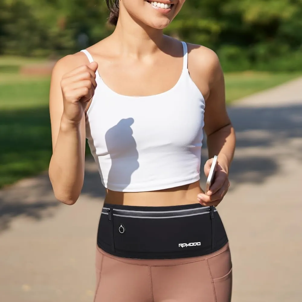 Slim Running Belt，Water Resistant Fanny Pack for Women Men，3 Pocket Phone Holder for Running Walking Cycling，Adjustable Reflective Running Waist Bag for iPhone 16 15 14 13 Pro Max Samsung Black