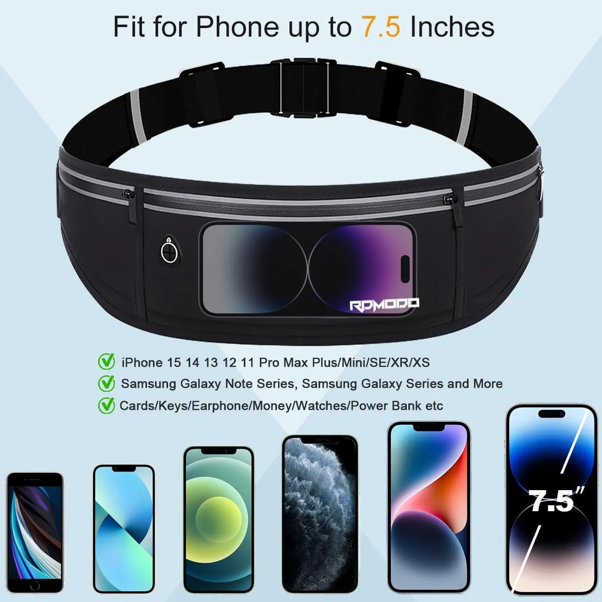 Slim Running Belt，Water Resistant Fanny Pack for Women Men，3 Pocket Phone Holder for Running Walking Cycling，Adjustable Reflective Running Waist Bag for iPhone 16 15 14 13 Pro Max Samsung Black