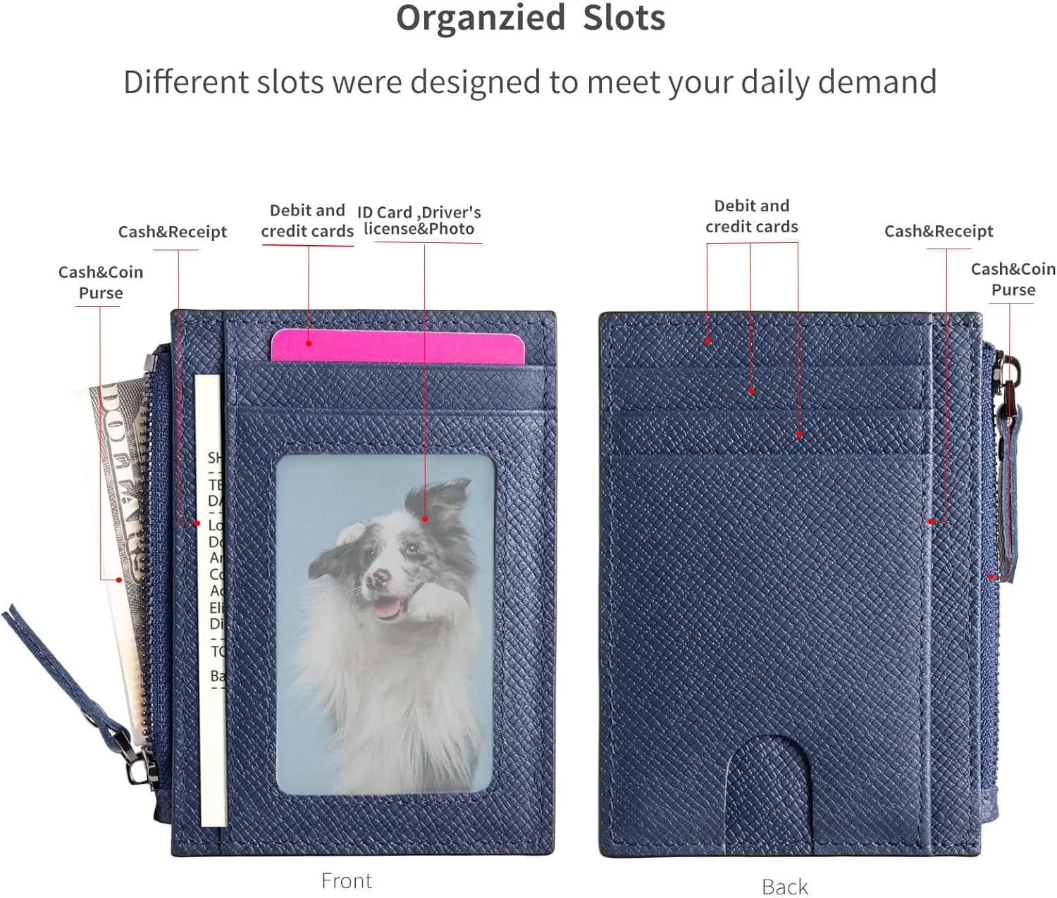 Slim Wallet for Women and men Small Leather RFID Blocking Credit Card Holder Minimalist Front Pocket Wallet with Coin Purses & Pouches,Navy