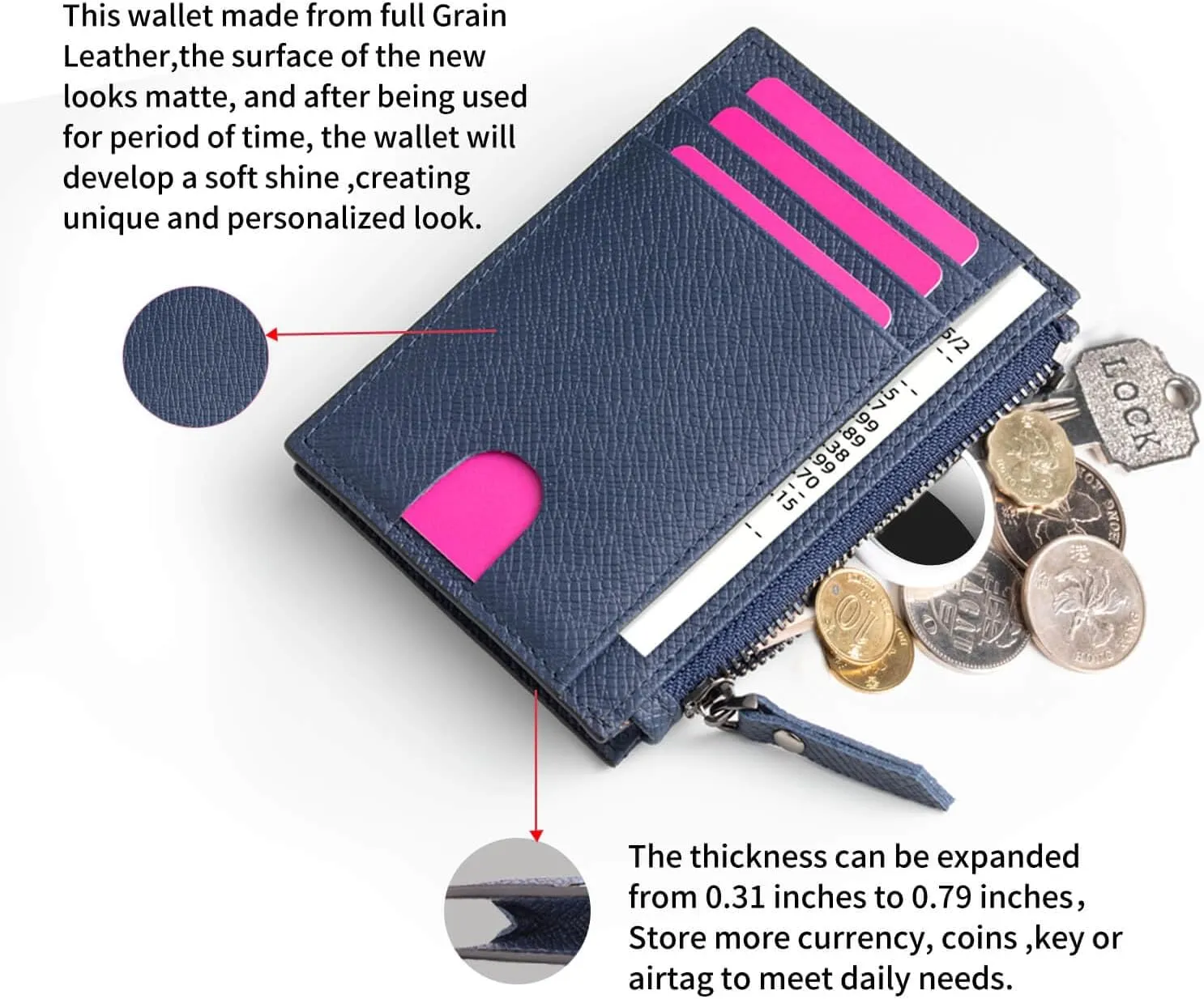Slim Wallet for Women and men Small Leather RFID Blocking Credit Card Holder Minimalist Front Pocket Wallet with Coin Purses & Pouches,Navy