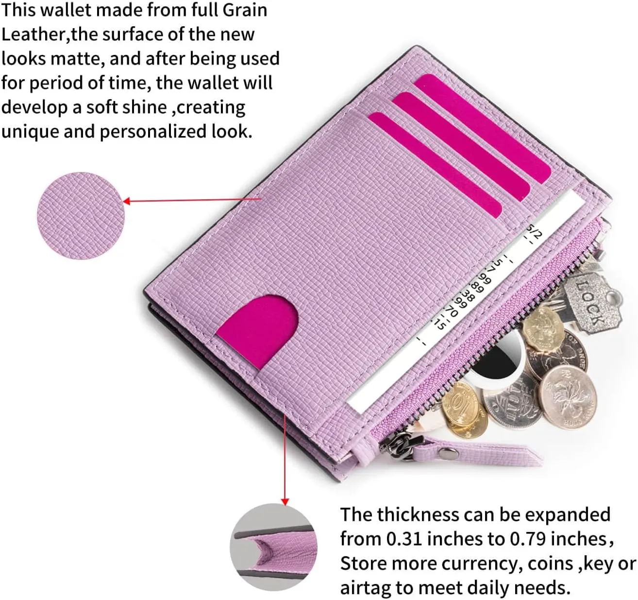 Slim Wallet for Women Small Leather RFID Blocking Credit Card Holder Minimalist Front Pocket Wallet with Coin Purses & Pouches,PinkPurple